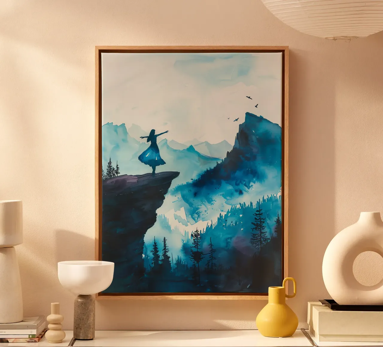 Sacred Mountain: the serenity of the summits canvas with Floater frame by Théïa's Fantasia World