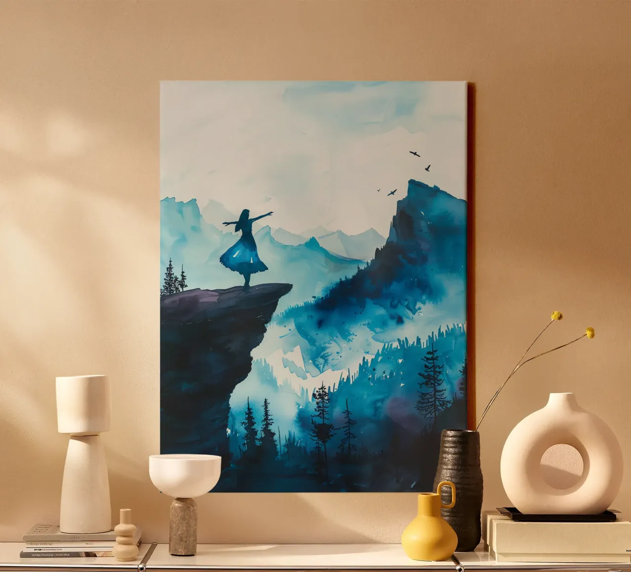 Sacred Mountain: the serenity of the summits canvas with Floater frame by Théïa's Fantasia World