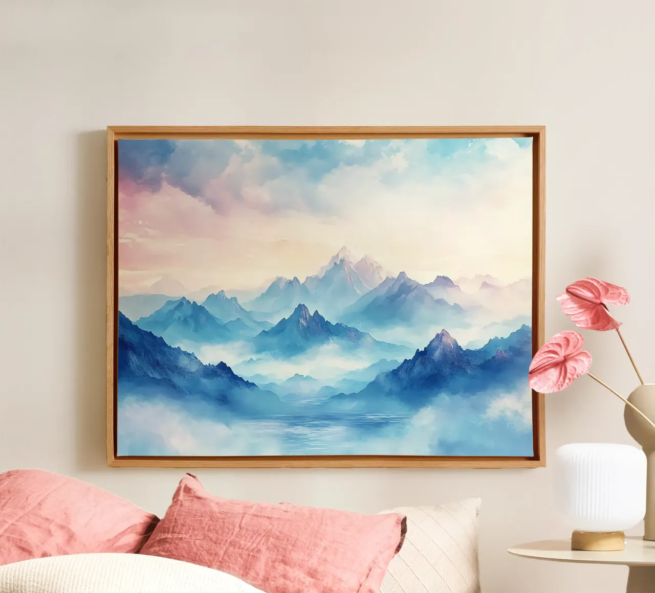 Sacred Mountain: the serenity of the summits canvas with Floater frame by Théïa's Fantasia World