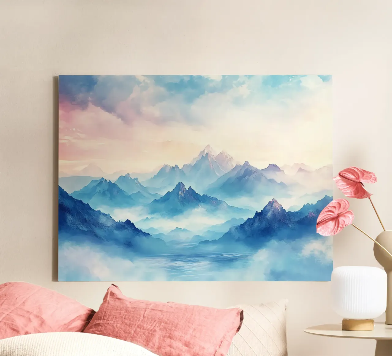 Sacred Mountain: the serenity of the summits canvas with Floater frame by Théïa's Fantasia World