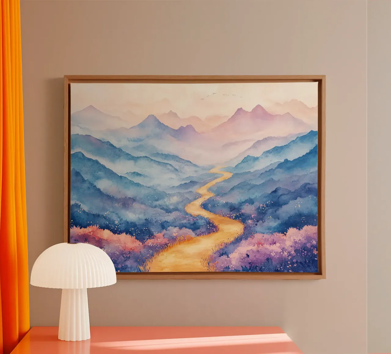 Path to the Sacred Mountain: the serenity of the summits canvas with Floater frame by Théïa's Fantasia World