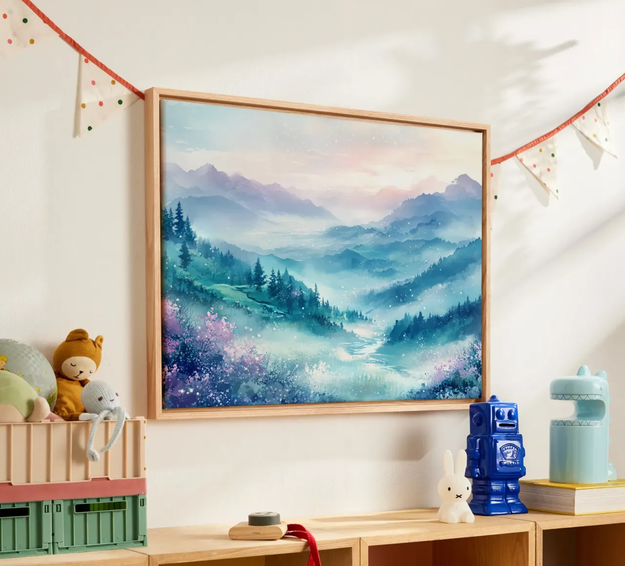 Sacred Mountain: the serenity of the summits canvas with Floater frame by Théïa's Fantasia World