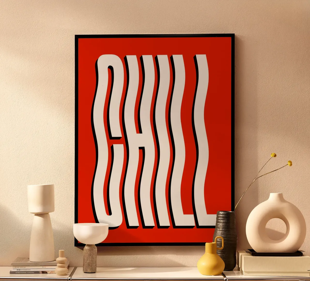 Testo ondulato freddo (tono rosso) poster con telaio in legno da Paigaam Studio