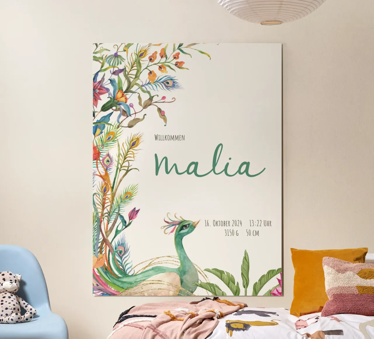 Pfau - floral- Willkommen poster with plastic frame by Ohkimiko