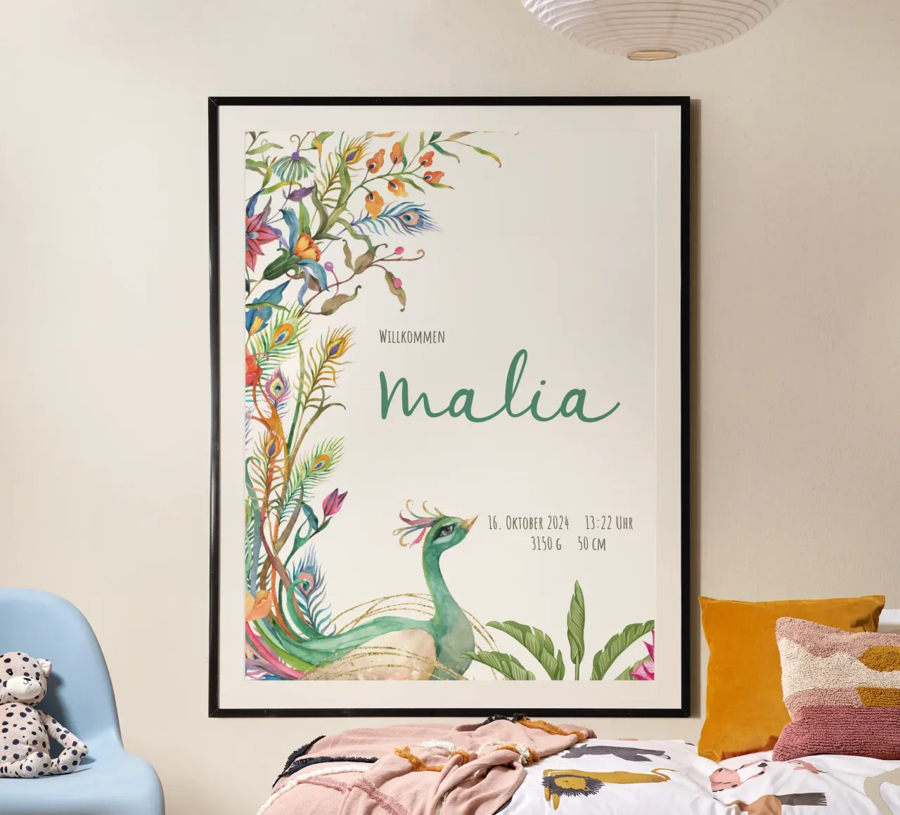 Pfau - floral- Willkommen poster with plastic frame by Ohkimiko