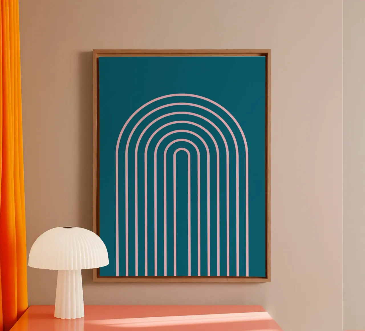 Blauer Boho-Regenbogen Leinwand mit Schattenfugenrahmen von Proper job studio