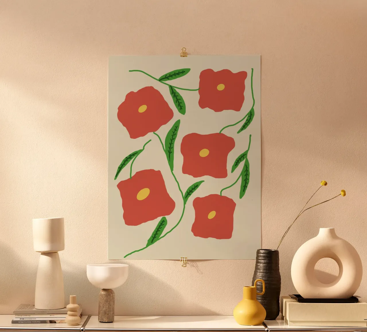 Flower power in red poster with plastic frame by Proper job studio