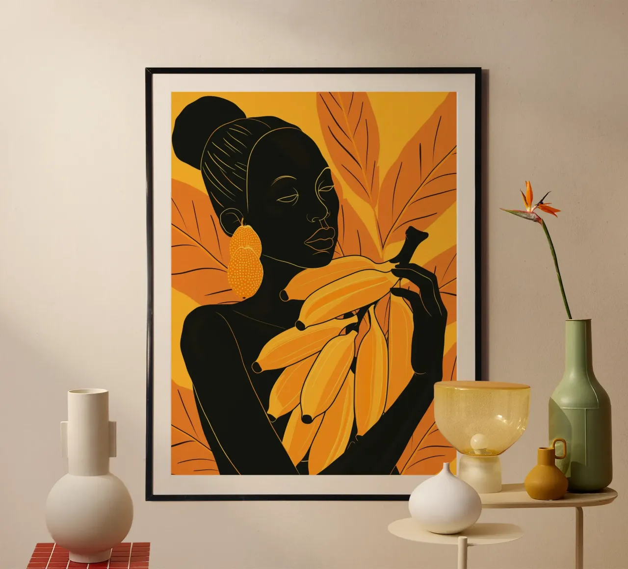 Donna africana con banane maturate al sole per voi poster con telaio in alluminio da Autofocus