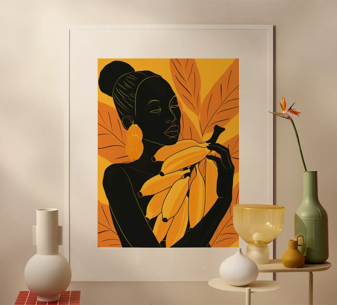 Donna africana con banane maturate al sole per voi poster con telaio in alluminio da Autofocus