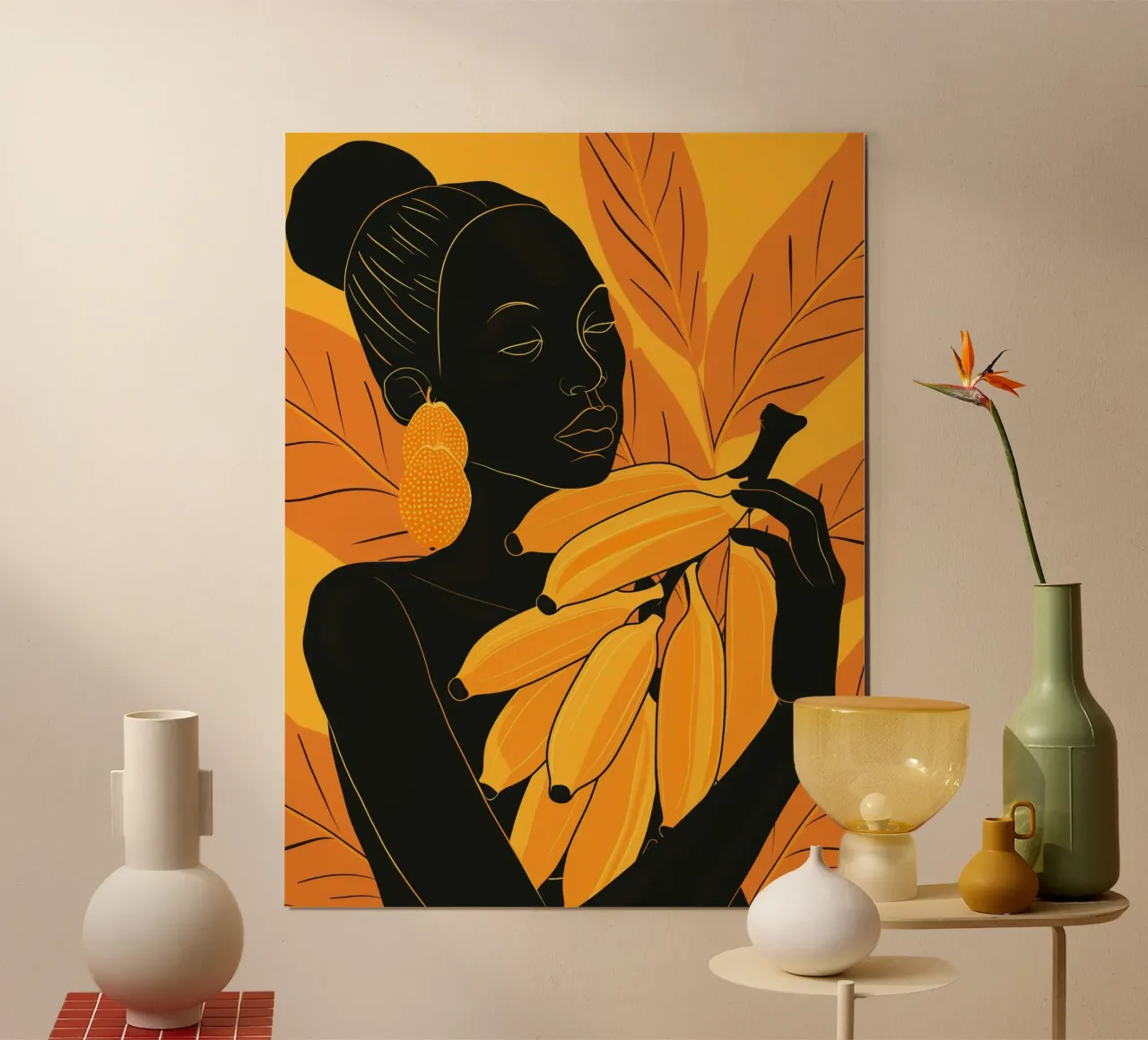Donna africana con banane maturate al sole per voi poster con telaio in alluminio da Autofocus