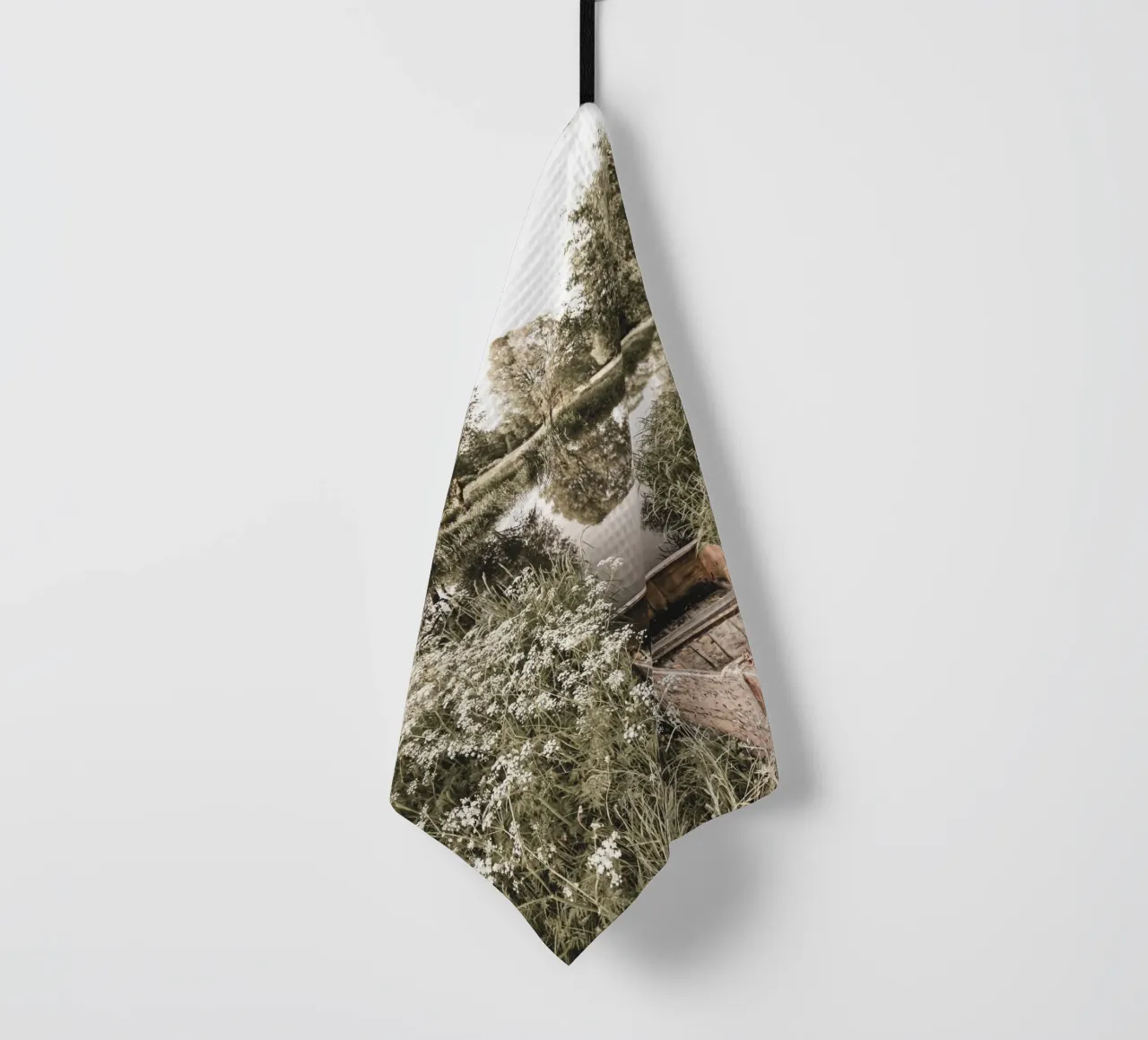Abandoned boat by the lake - nature wall art landscape tea towel by Whole©