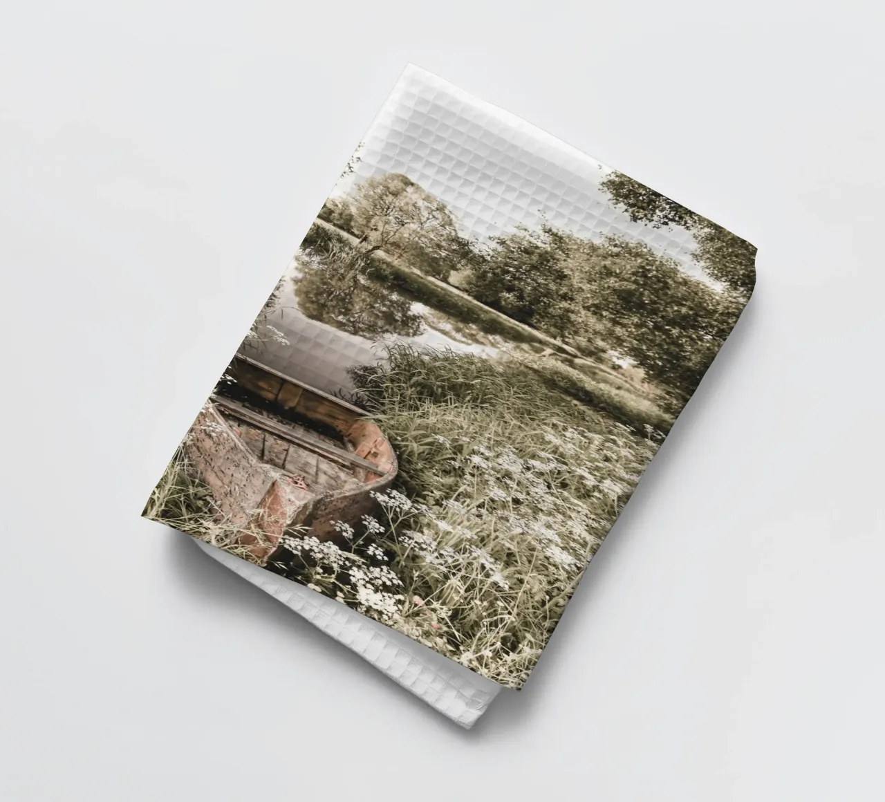 Abandoned boat by the lake - nature wall art landscape tea towel by Whole©
