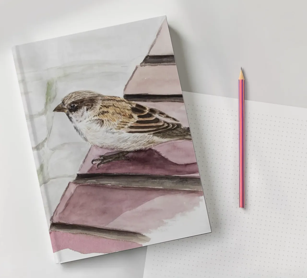 A sparrow sits on the wall notebook by Barbara Buderath Illustrationen