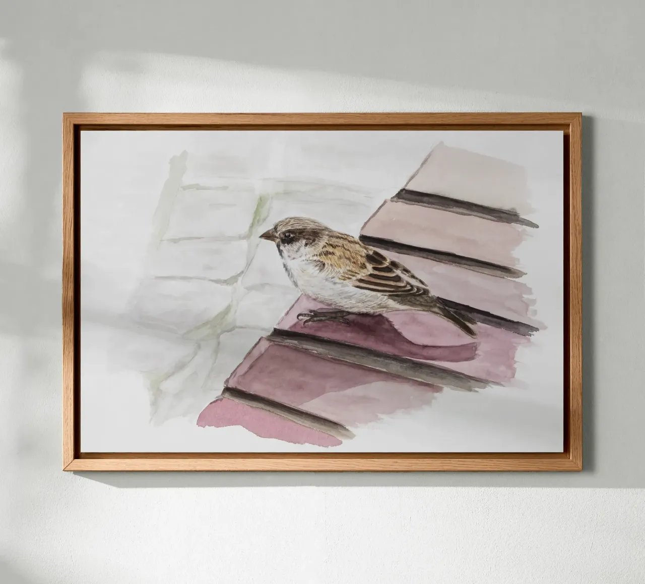 A sparrow sits on the wall canvas with Floater frame by Barbara Buderath Illustrationen
