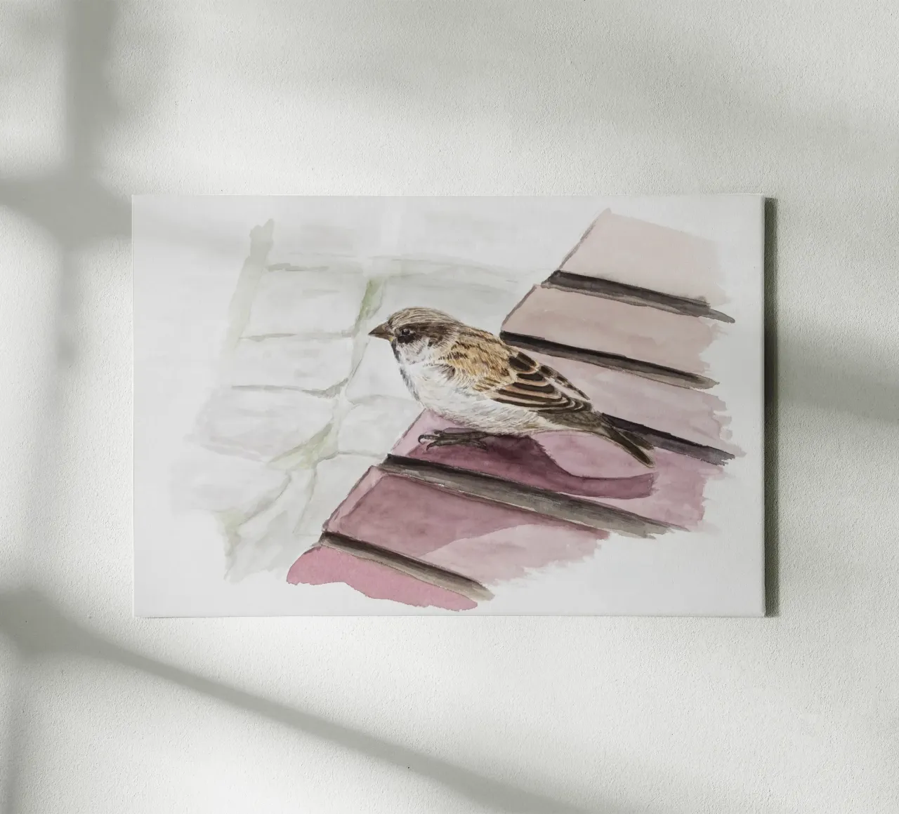 A sparrow sits on the wall canvas with Floater frame by Barbara Buderath Illustrationen