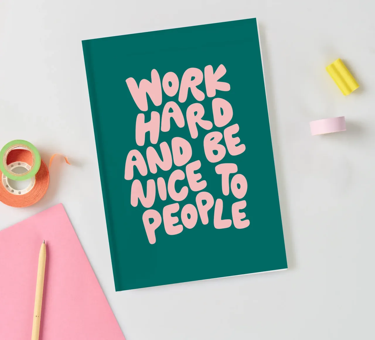 Work Hard and Be Nice to People in Green and Peach Pink notebook by THE MOTIVATED TYPE