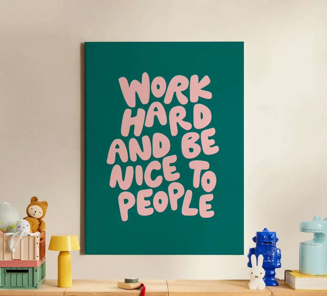 Lavorare sodo ed essere gentili con le persone in verde e rosa pesca tela con Cornice a cassetta da THE MOTIVATED TYPE