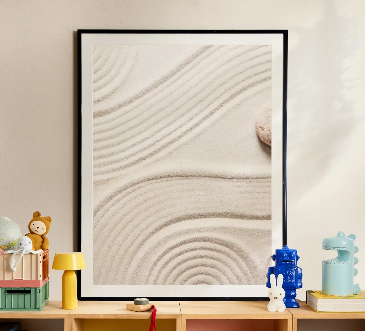 Zen sand patterns - calming nature art poster with plastic frame by Whole©