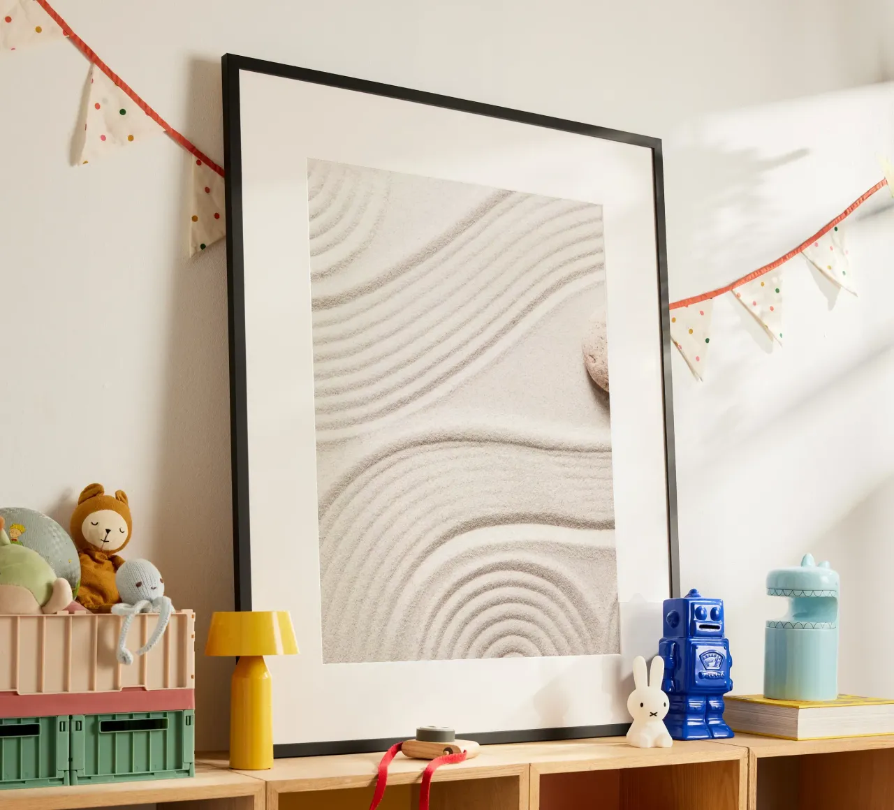 Zen sand patterns - calming nature art poster with plastic frame by Whole©