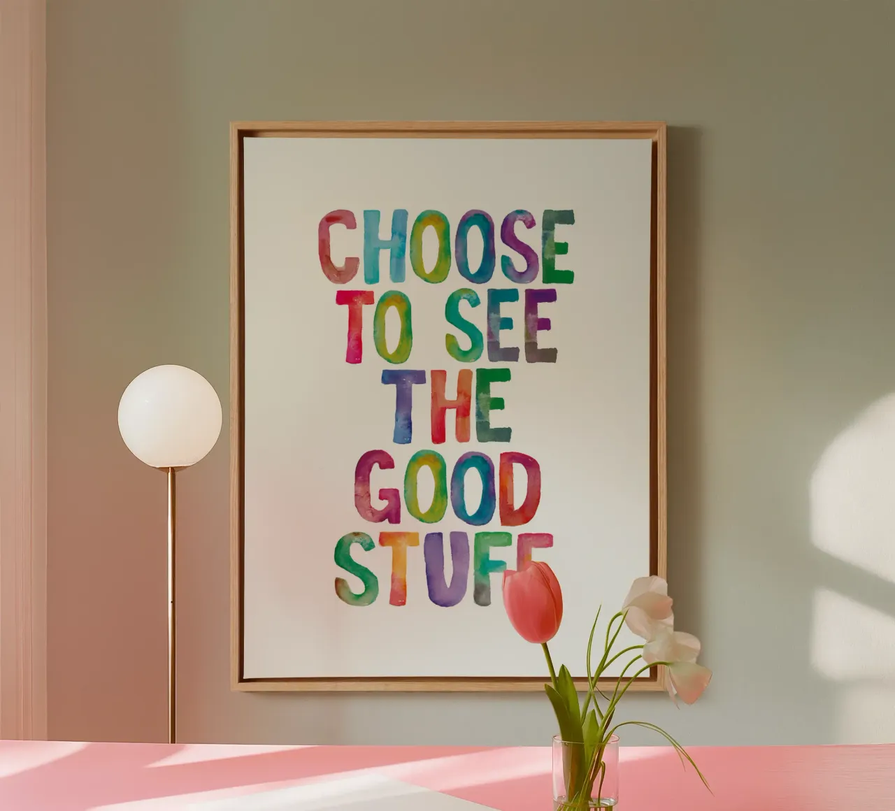 Choose To See The Good Stuff Rainbow Typography Design canvas with Floater frame by THE MOTIVATED TYPE