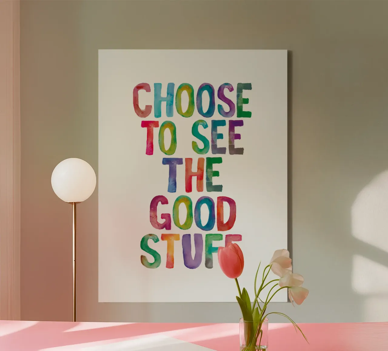 Choose To See The Good Stuff Rainbow Typography Design canvas with Floater frame by THE MOTIVATED TYPE
