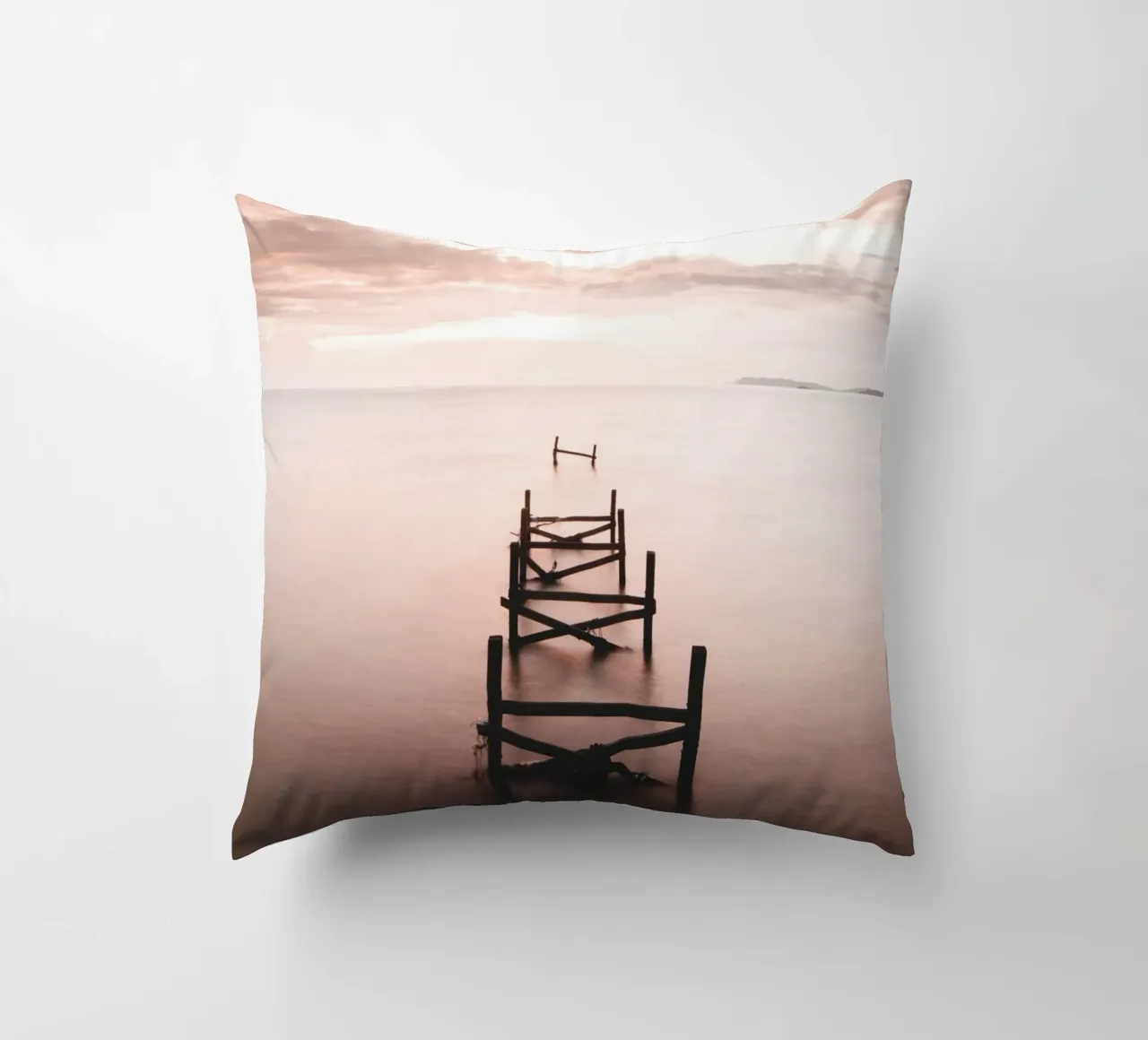 Abandoned jetty at sunset - Quiet coastal motif decorative cushion by Whole©