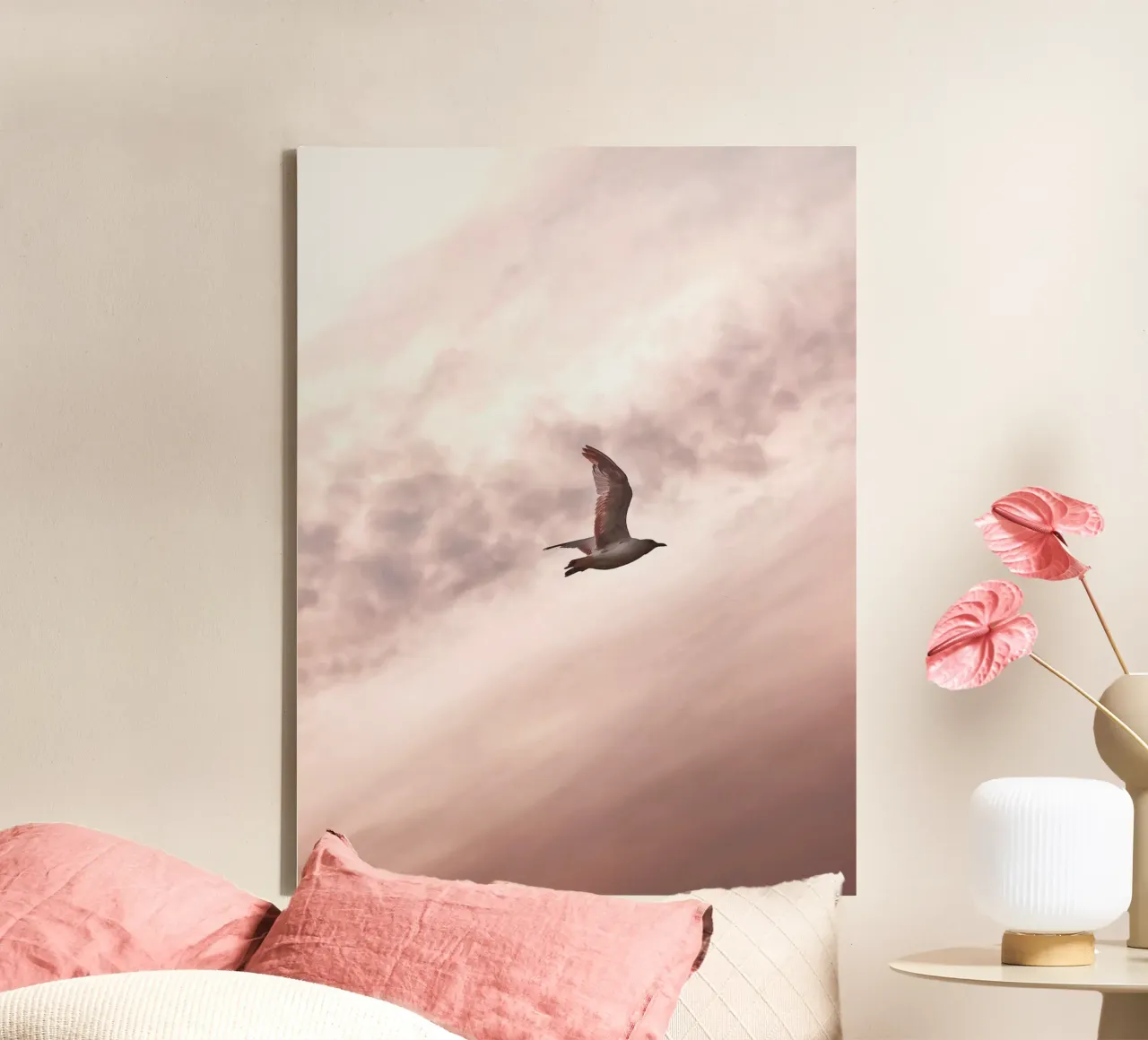 Freedom in flight - seagull in front of a rosy sky canvas by Whole©