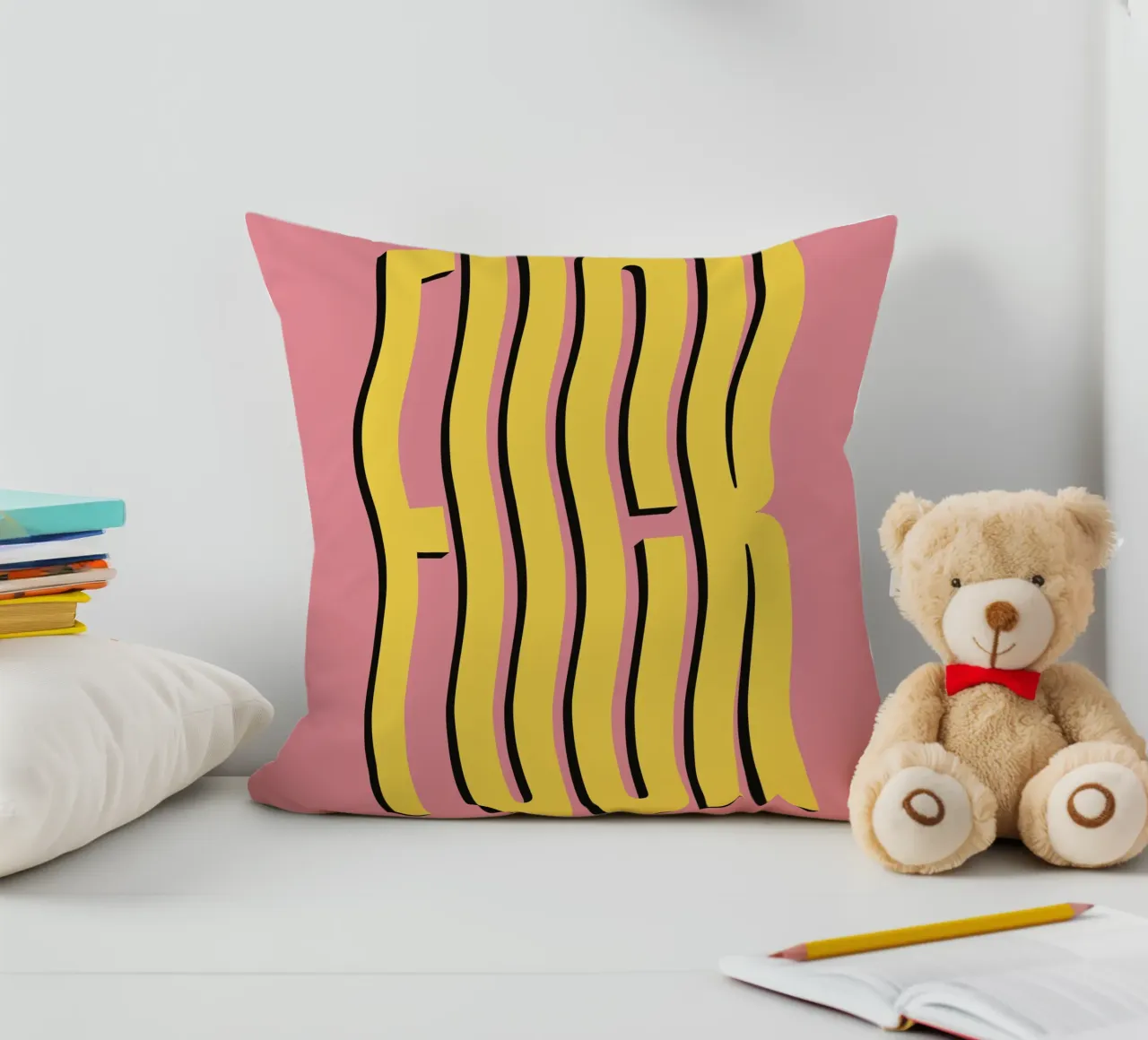 Fuck wavy text (Pink & Yellow tone) decorative cushion by Paigaam Studio