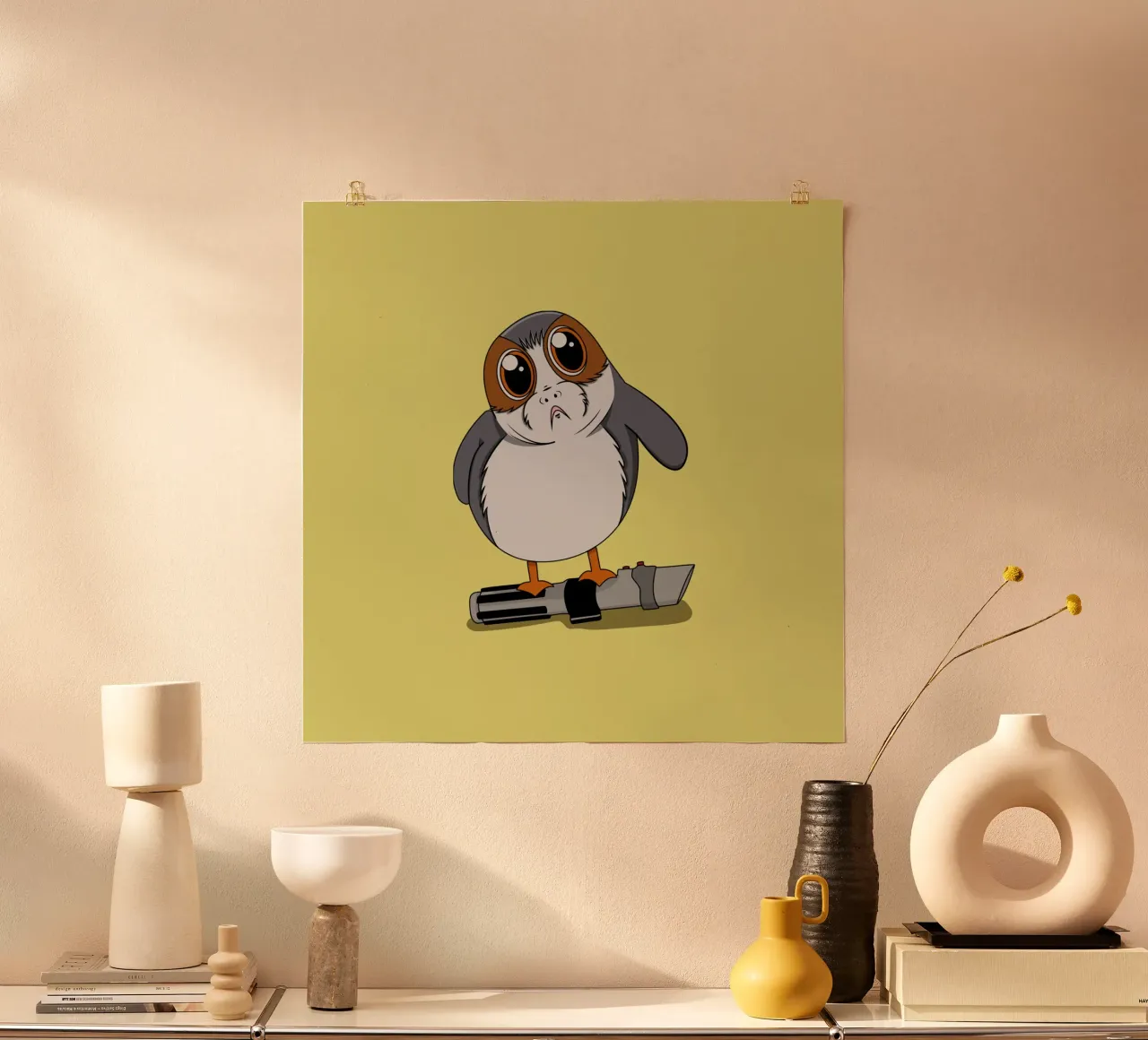 Porg con la spada laser poster con telaio in plastica da Loobs