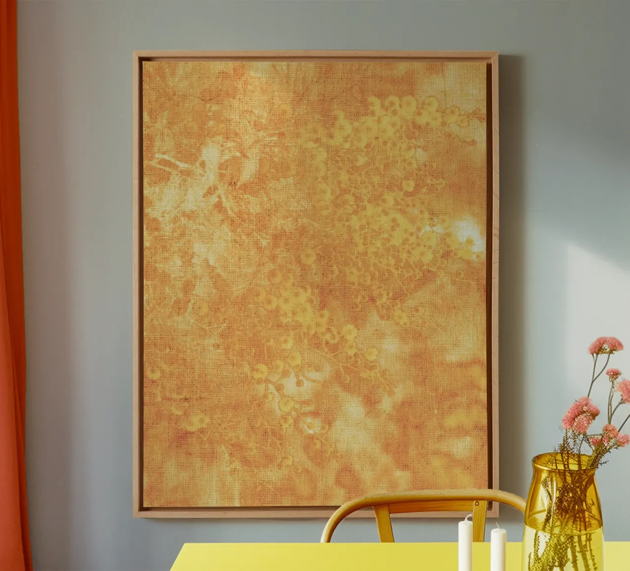 flowers salmon mimosa pattern canvas with Floater frame by Teresa André