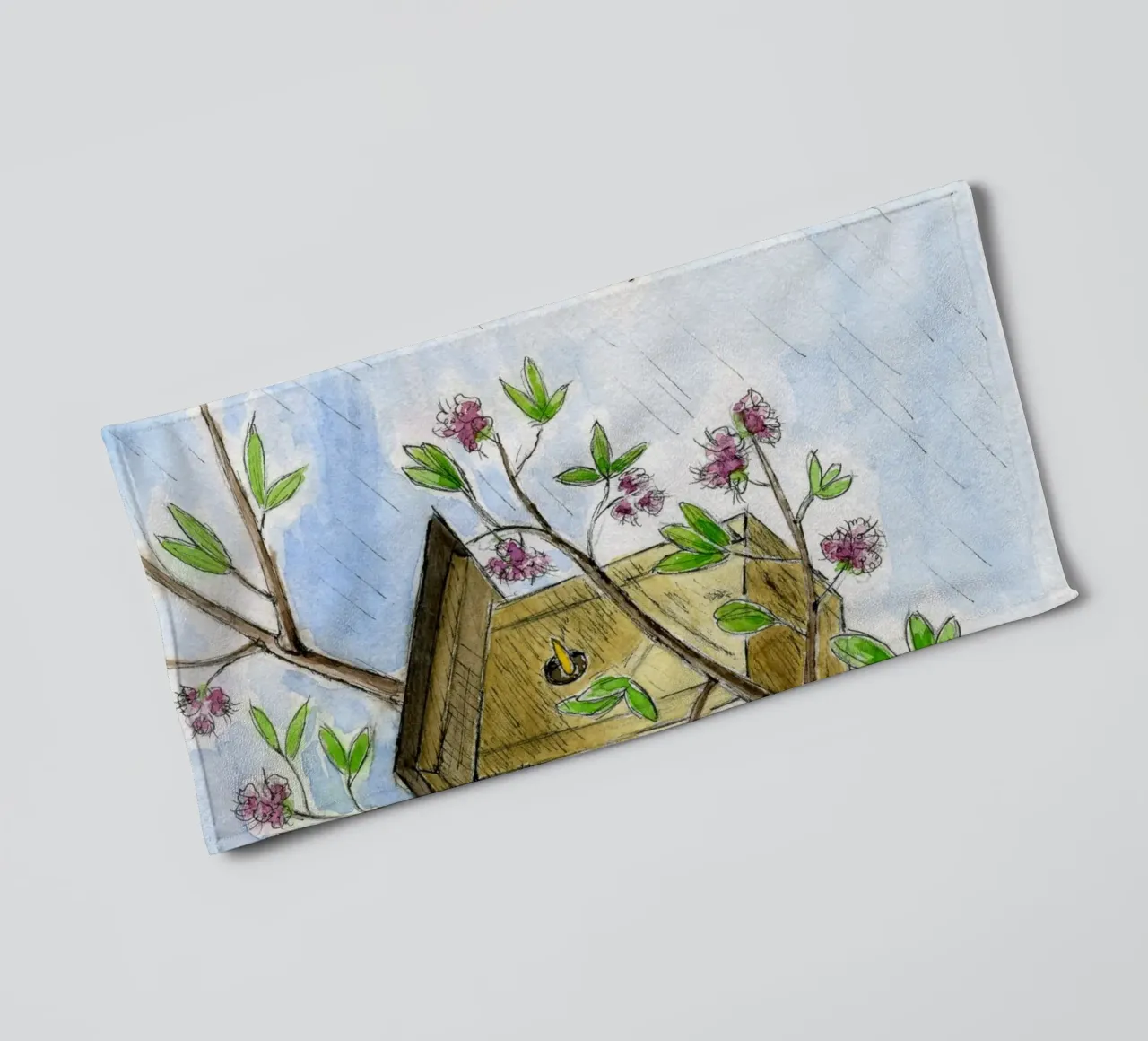 Spring in the cherry orchard towel by Barbara Buderath Illustrationen