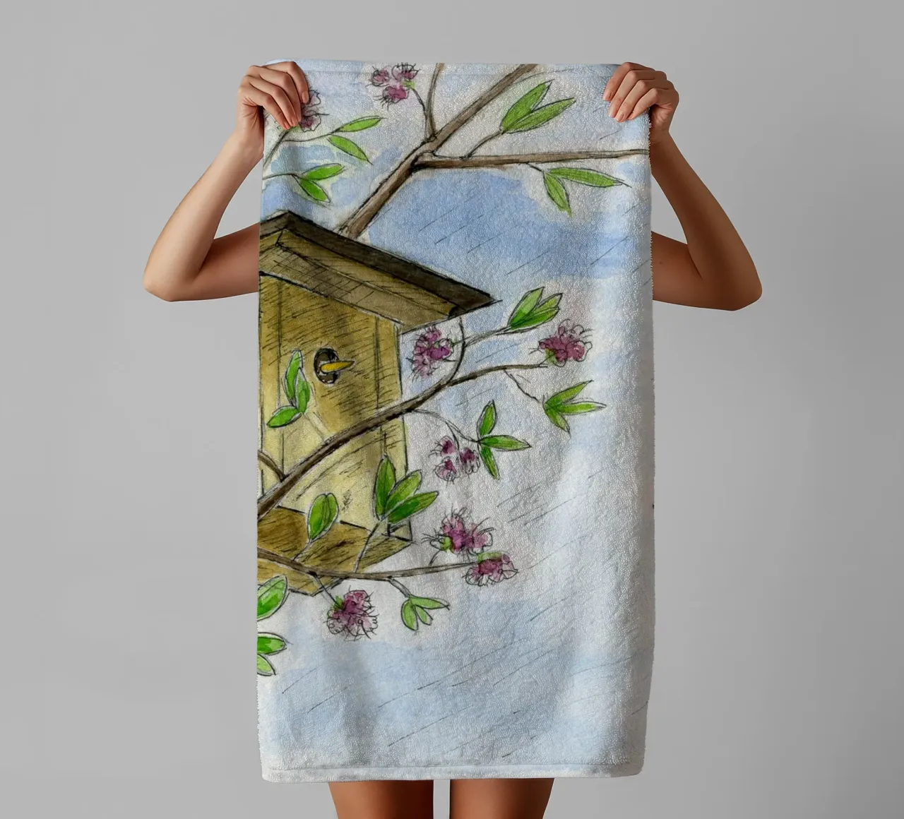 Spring in the cherry orchard towel by Barbara Buderath Illustrationen