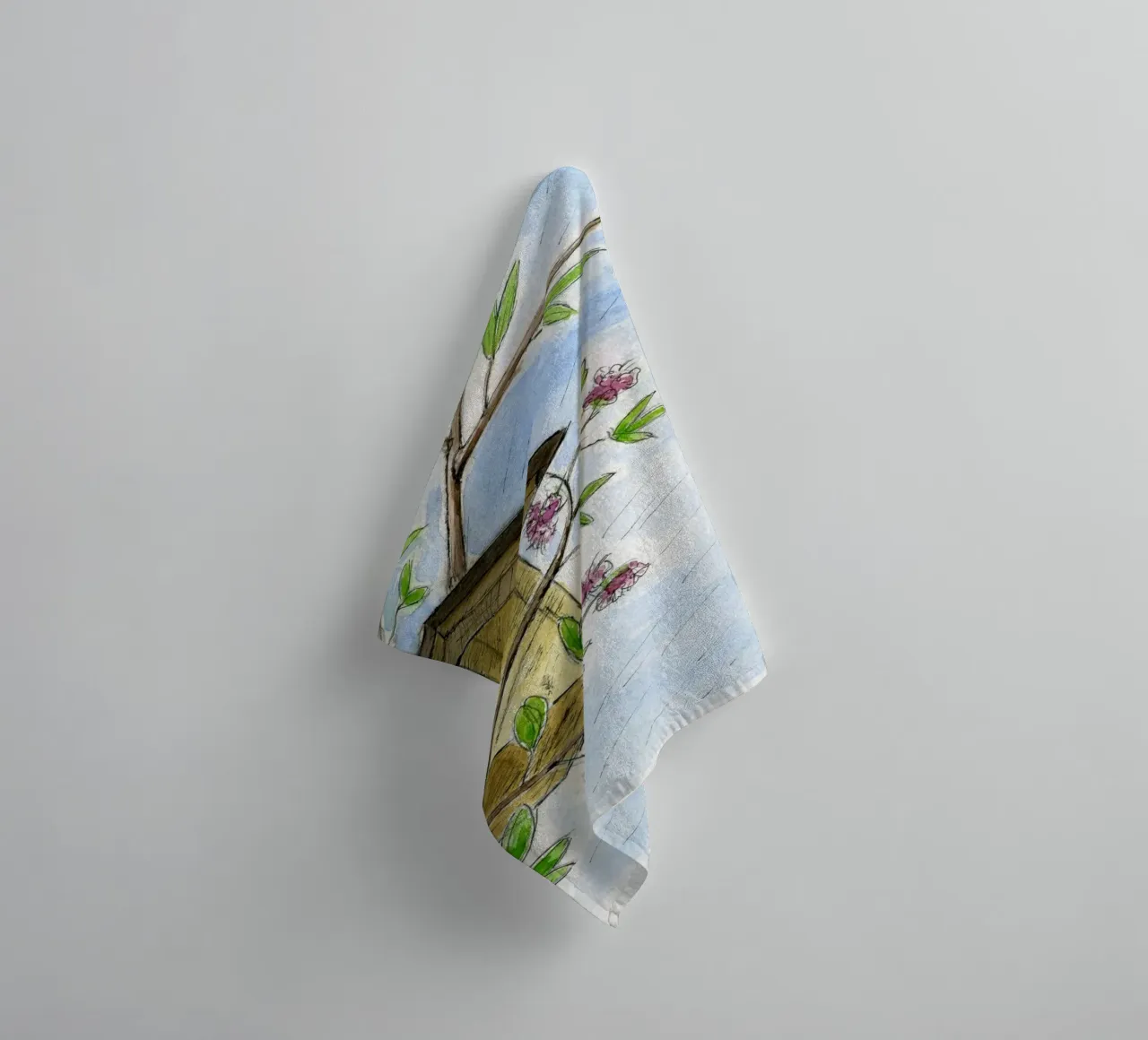 Spring in the cherry orchard towel by Barbara Buderath Illustrationen