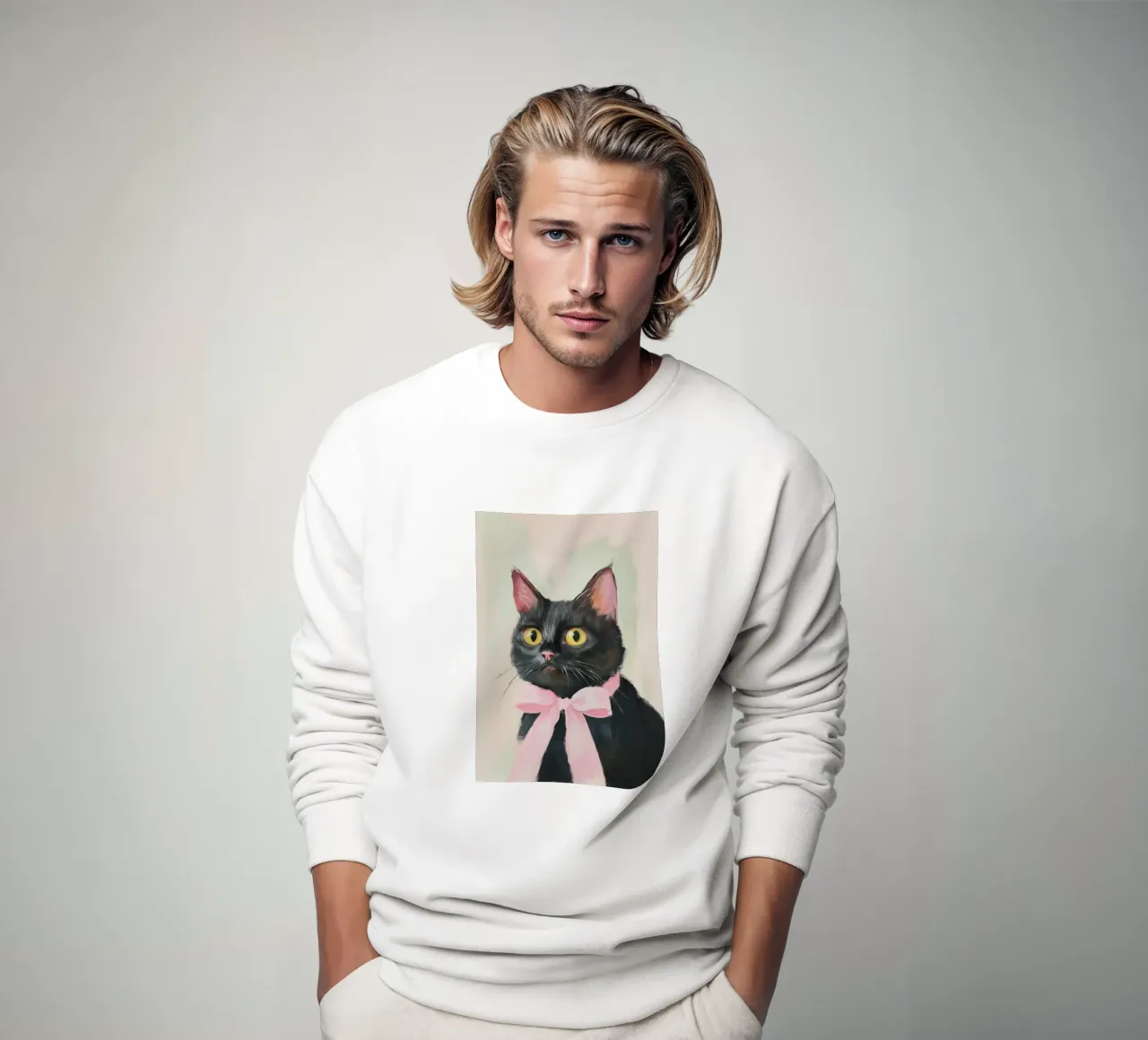 Gatto nero fiocco rosa felpa da Melloi Art Print