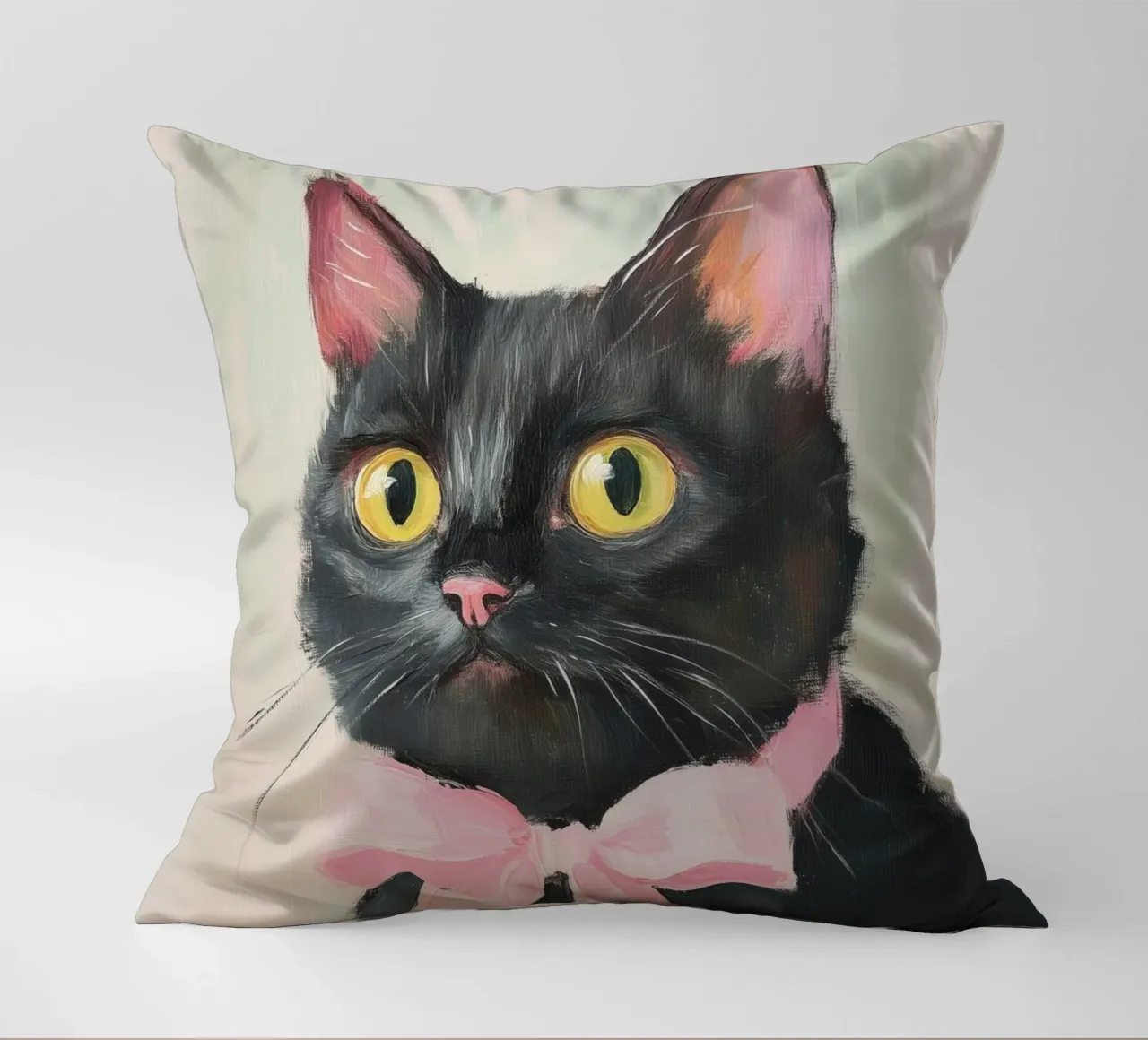 Schwarze Katze Rosa Schleife Kissen von Melloi Art Print