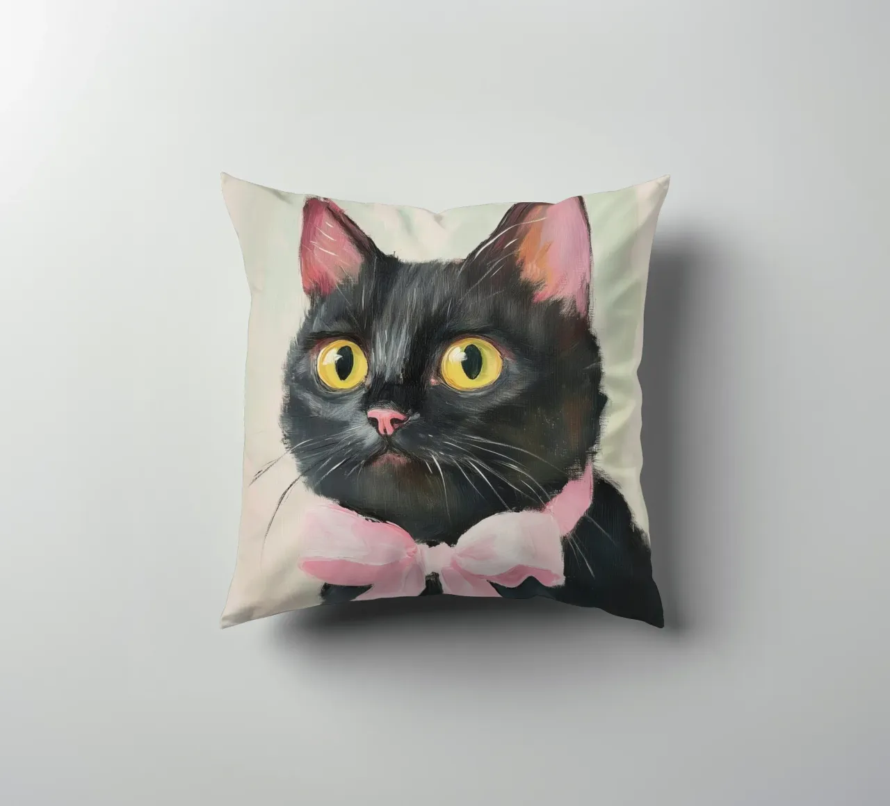 Schwarze Katze Rosa Schleife Kissen von Melloi Art Print