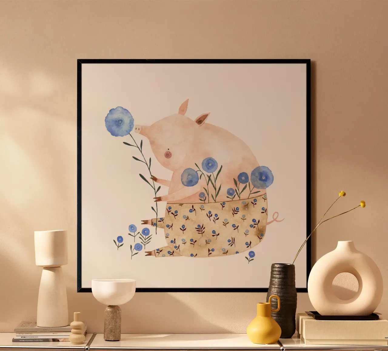 Claudia Voglhuber - Schweinchen mit Blumen poster con telaio in plastica da The Artcircle