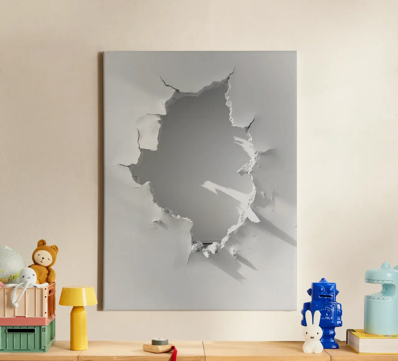 Gat in de witte muur | Trompe-l'œil Conceptuele kunst canvas met Baklijst van Autofocus
