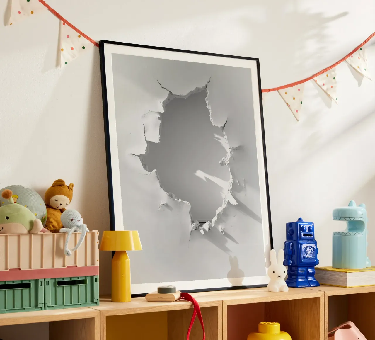 Loch in der weißen Wand | Trompe-l'œil Conceptual Art Poster mit Aluminium Rahmen von Autofocus