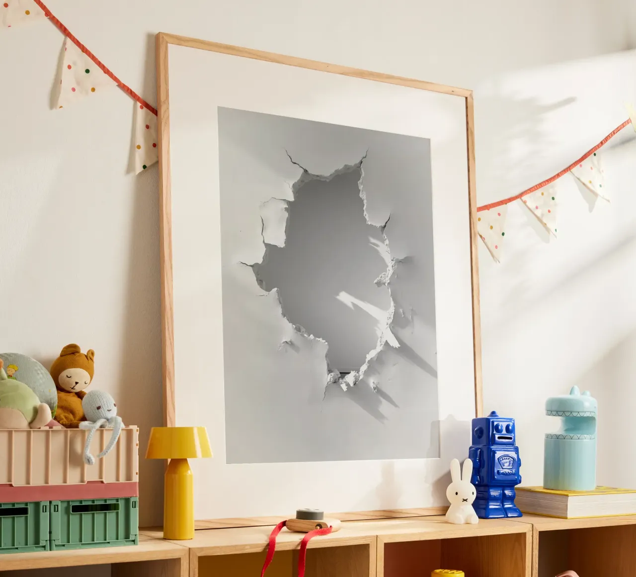 Loch in der weißen Wand | Trompe-l'œil Conceptual Art Poster mit Aluminium Rahmen von Autofocus