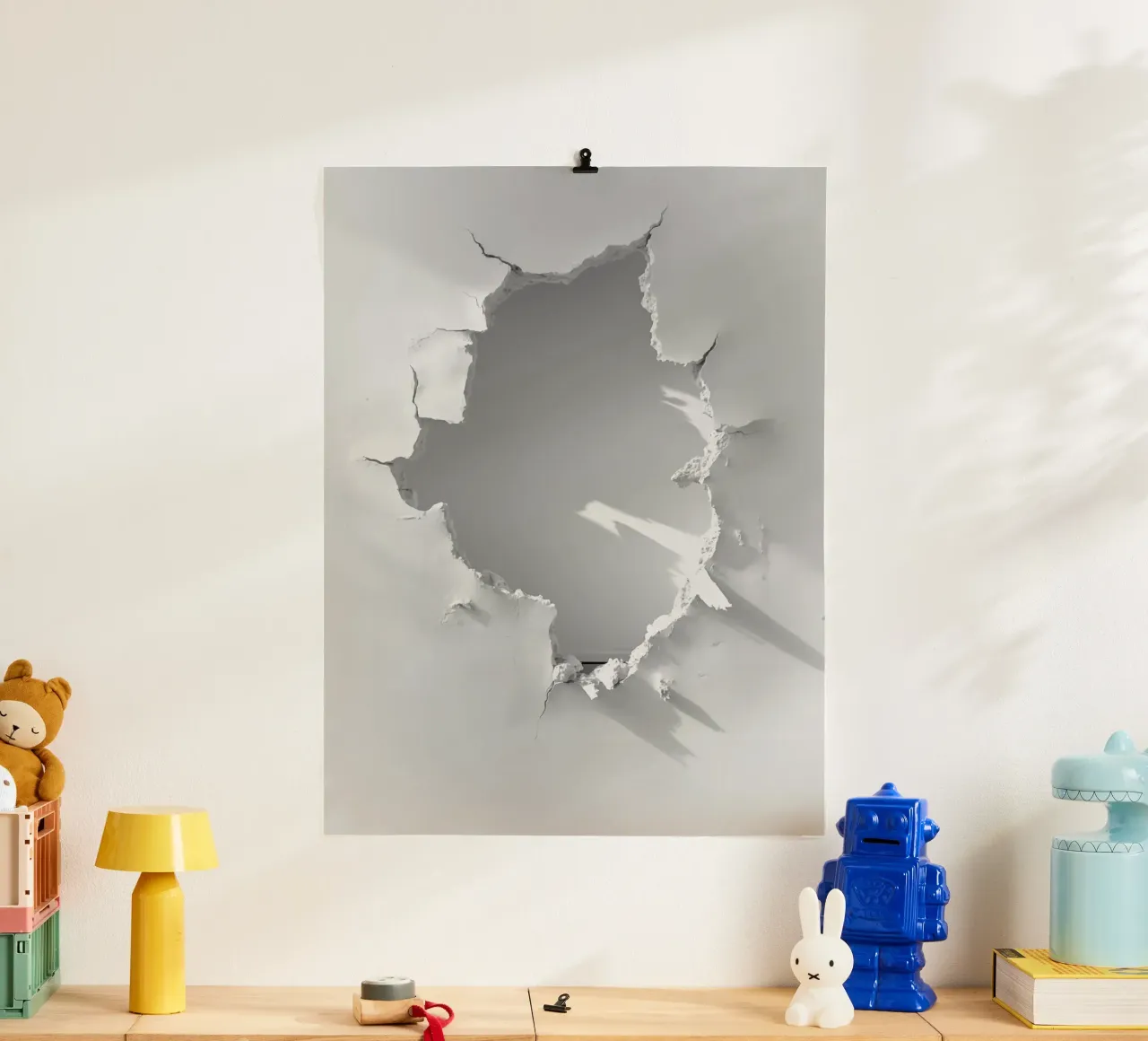 Loch in der weißen Wand | Trompe-l'œil Conceptual Art Poster mit Aluminium Rahmen von Autofocus