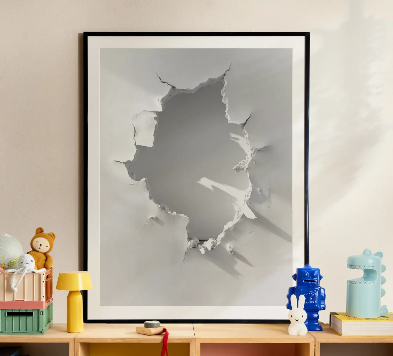 Loch in der weißen Wand | Trompe-l'œil Conceptual Art Poster mit Aluminium Rahmen von Autofocus