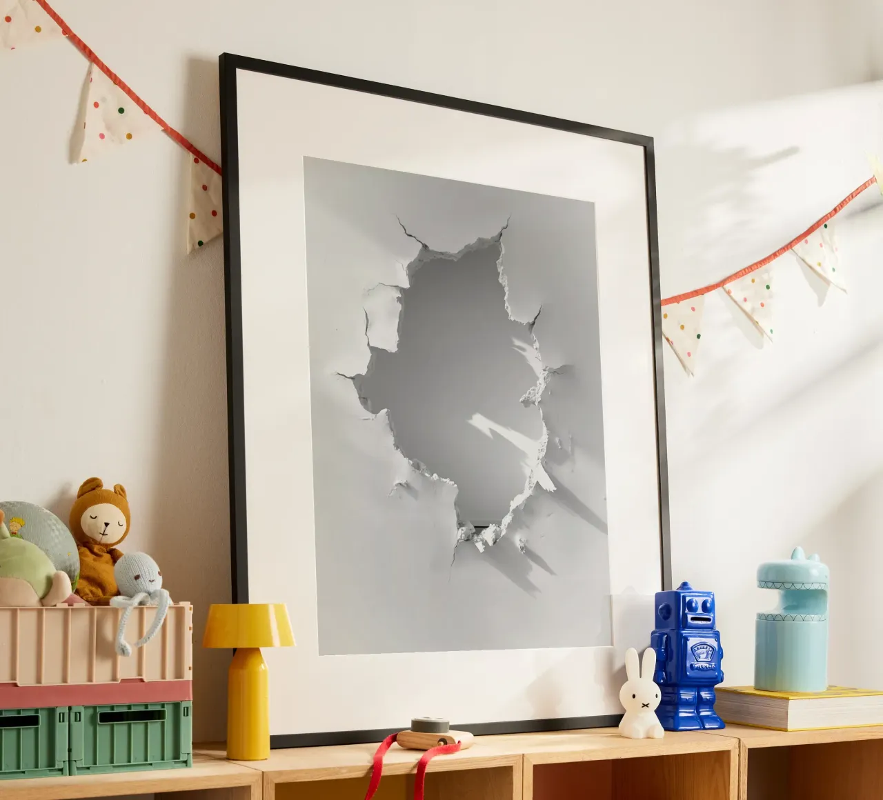Loch in der weißen Wand | Trompe-l'œil Conceptual Art Poster mit Aluminium Rahmen von Autofocus