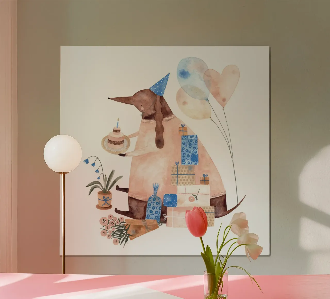 Claudia Voglhuber - Geburtstagshund poster con telaio in legno da The Artcircle