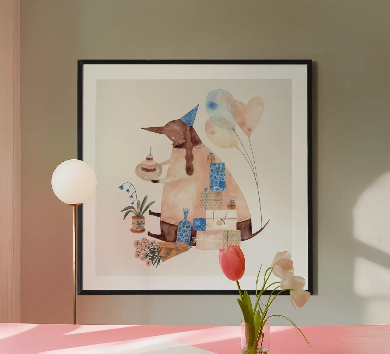 Claudia Voglhuber - Geburtstagshund poster con telaio in legno da The Artcircle