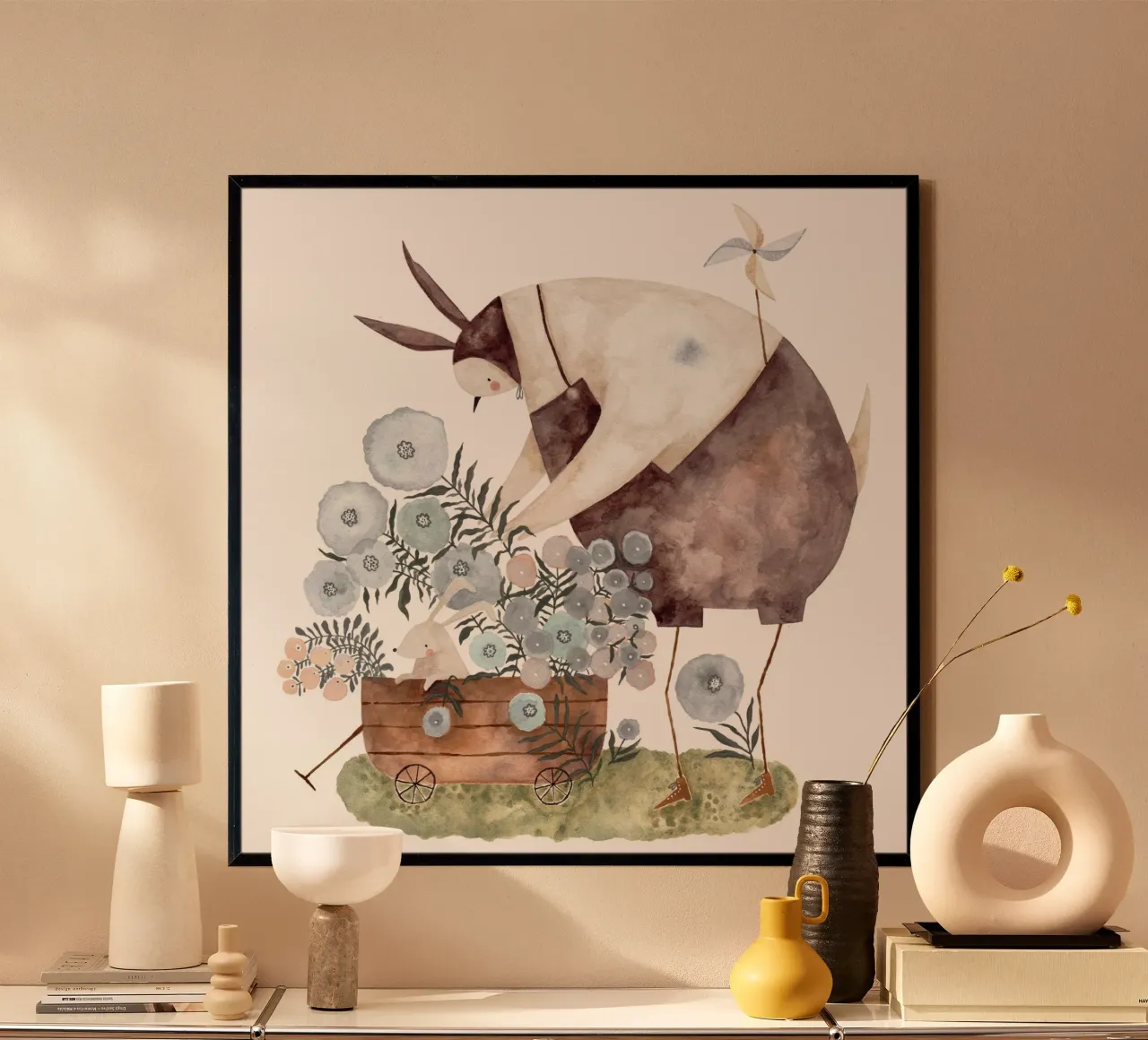 Claudia Voglhuber - Hase und Taube im Garten poster con telaio in legno da The Artcircle