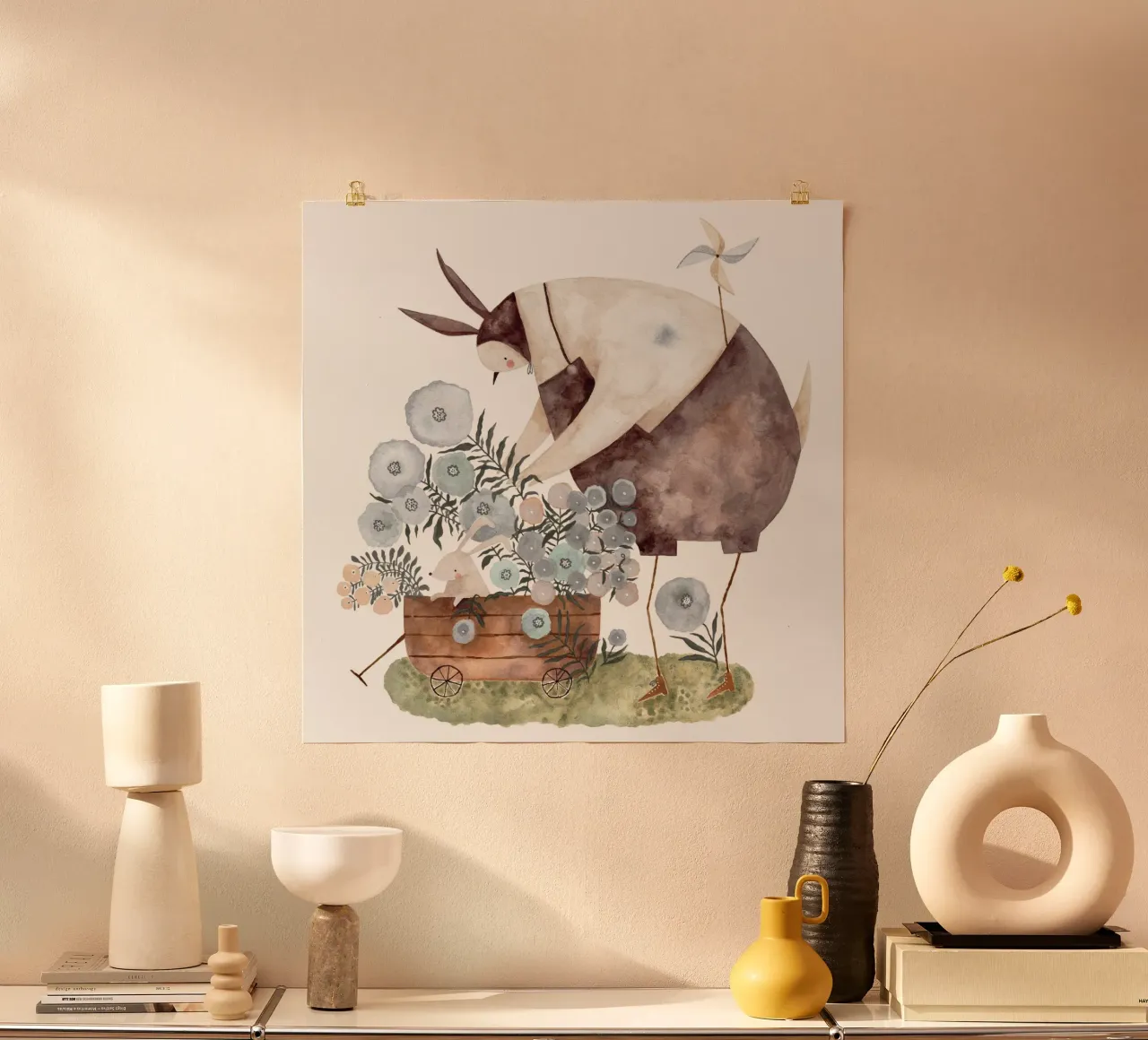 Claudia Voglhuber - Hase und Taube im Garten poster con telaio in legno da The Artcircle