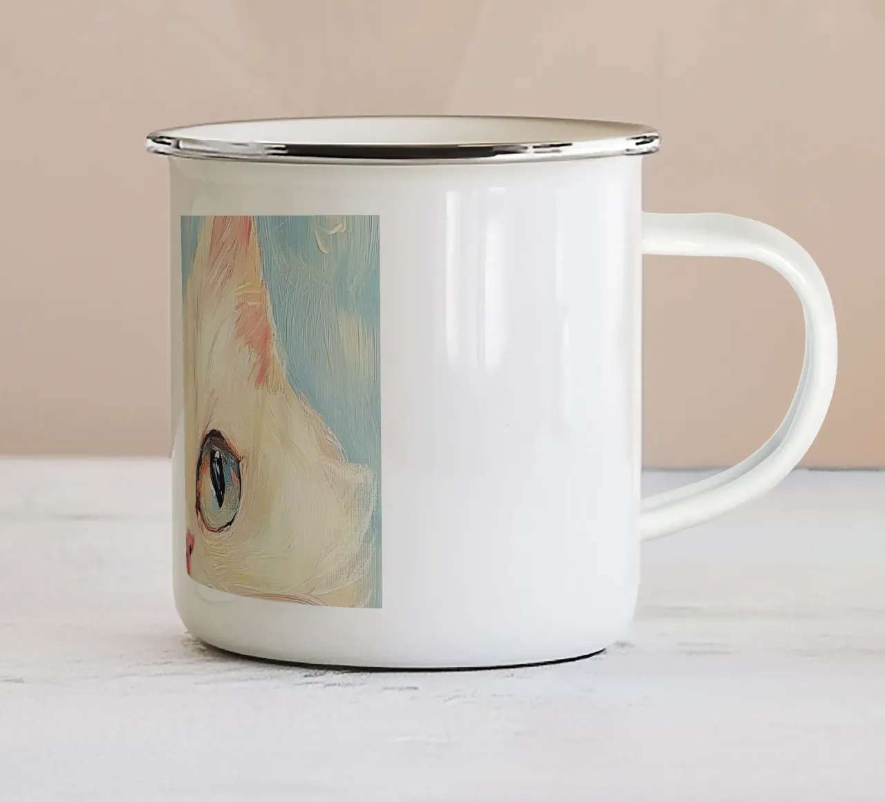 Gatto Bianco Fiocco Rosa tazza in smalto da Melloi Art Print