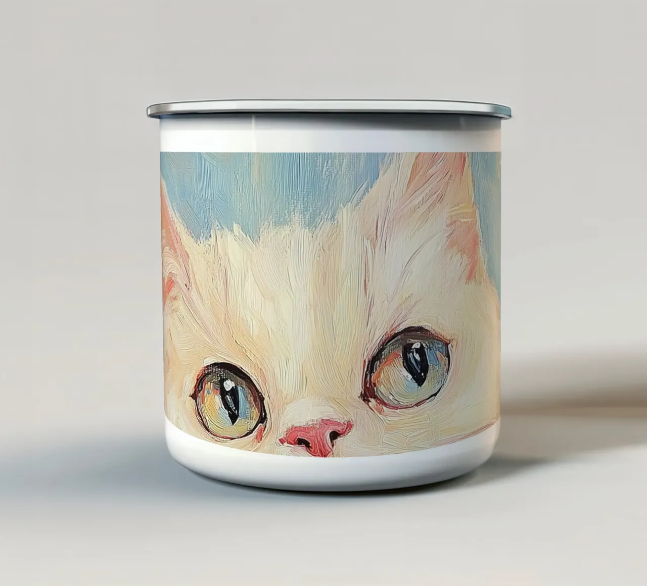 Gatto Bianco Fiocco Rosa tazza in smalto da Melloi Art Print