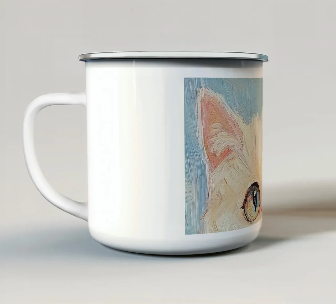 Gatto Bianco Fiocco Rosa tazza in smalto da Melloi Art Print